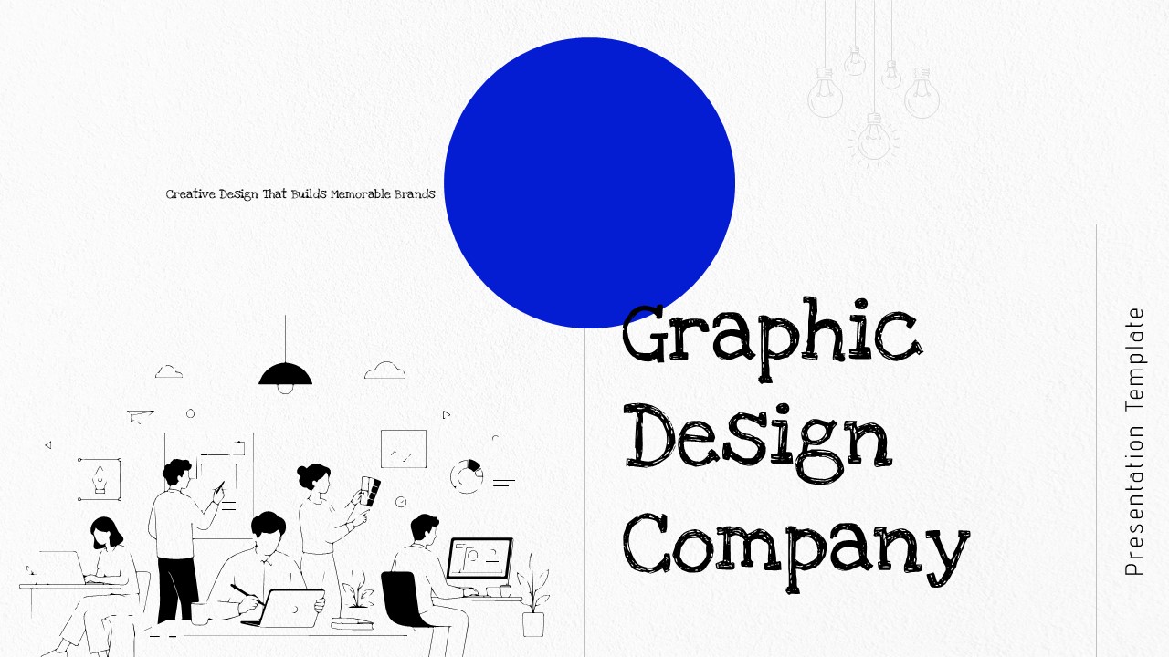 Graphic Design Company Google Slides Template - About Us slide with two-column layout, lightbulb icons, and team photo