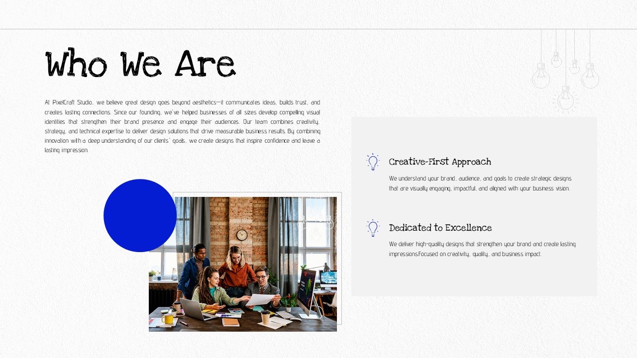 Graphic Design Company Template - Services slide with four-column card grid covering branding, digital, print, and marketing design