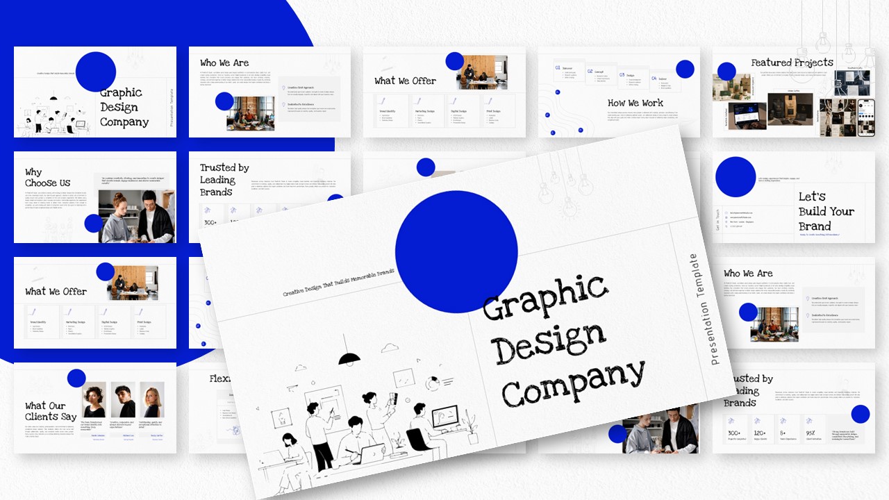 Graphic Design Company Template - Cover slide with blue circle, sketch illustration, and bold title on white background