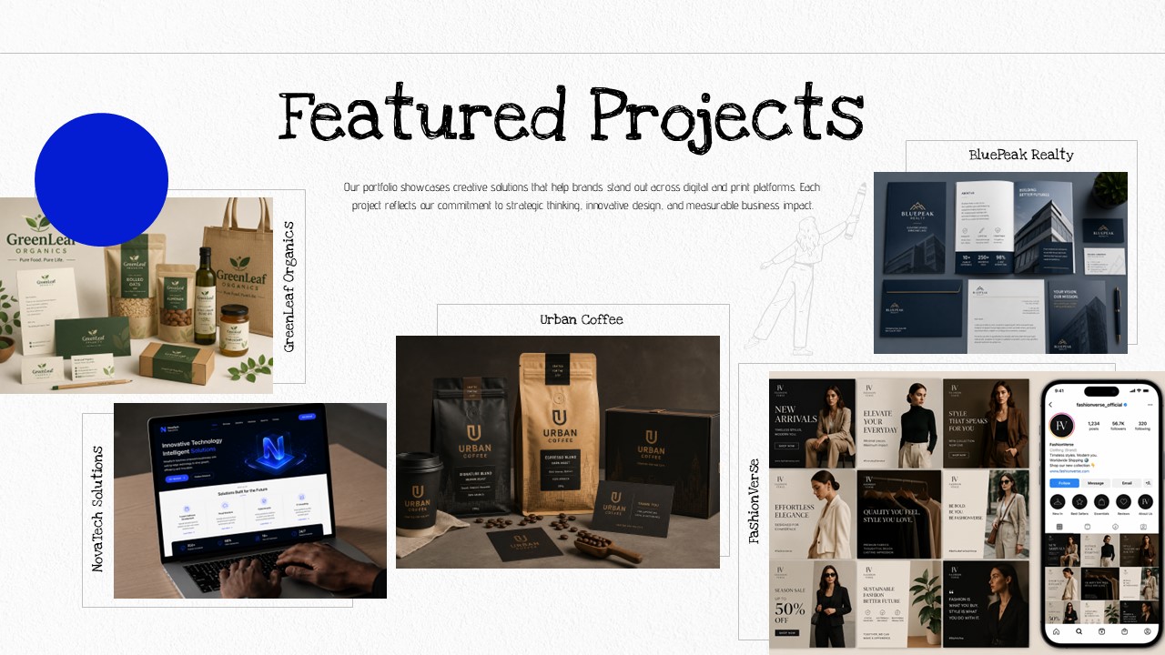 Graphic Design Company Template - Why Choose Us slide with pull quote, team illustration, and supporting photography