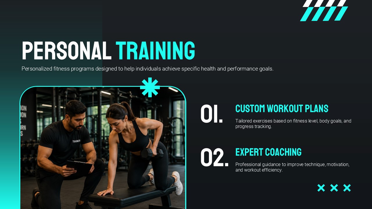 Gym and Fitness Template - Facilities slide to showcase your gym's equipment and training spaces