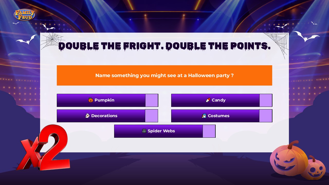 Halloween Family Feud Double Points Bonus Round - x2 multiplier graphic, emoji answer buttons, and Halloween party question