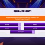 Halloween Family Feud Final Fright Round - answer board with 5 all-caps purple buttons, point boxes, and host in tan suit