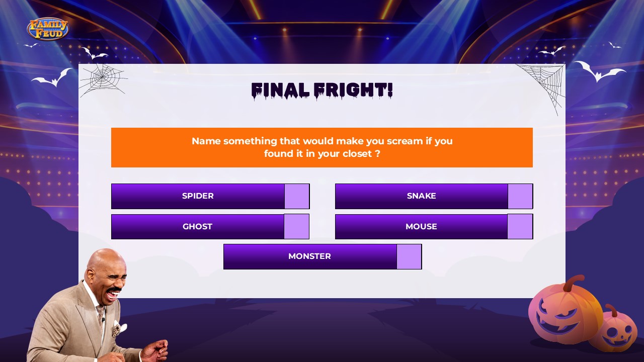 Halloween Family Feud Final Fright Round - answer board with 5 all-caps purple buttons, point boxes, and host in tan suit