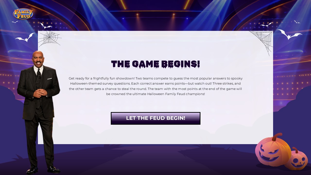Halloween Family Feud Game Introduction - rules slide with heading, body text, CTA button, spider webs, and jack-o'-lantern accent
