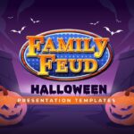 Halloween Family Feud Template - game intro slide with drip-font heading, rules text block, and CTA button on stage background