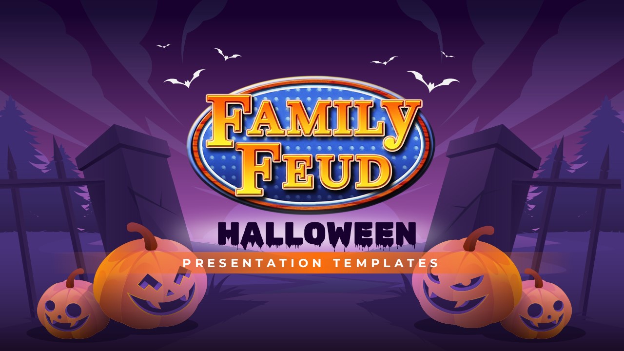 Halloween Family Feud Template - game intro slide with drip-font heading, rules text block, and CTA button on stage background