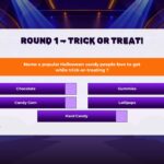 Halloween Family Feud Round 1 - Trick or Treat answer board with 5 purple answer buttons, point boxes, and host figure