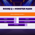Halloween Family Feud Round 2 - Monster Mash answer board with 5 purple answer buttons, point boxes, and host in gray suit
