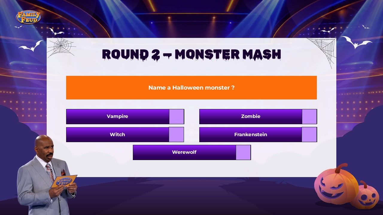 Halloween Family Feud Round 2 - Monster Mash answer board with 5 purple answer buttons, point boxes, and host in gray suit