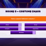 Halloween Family Feud Round 3 - Costume Chaos answer board with 5 purple answer buttons, point boxes, and laughing host figure