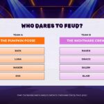 Halloween Family Feud Team Roster - two-column slide showing Team A and Team B names with four player name boxes each