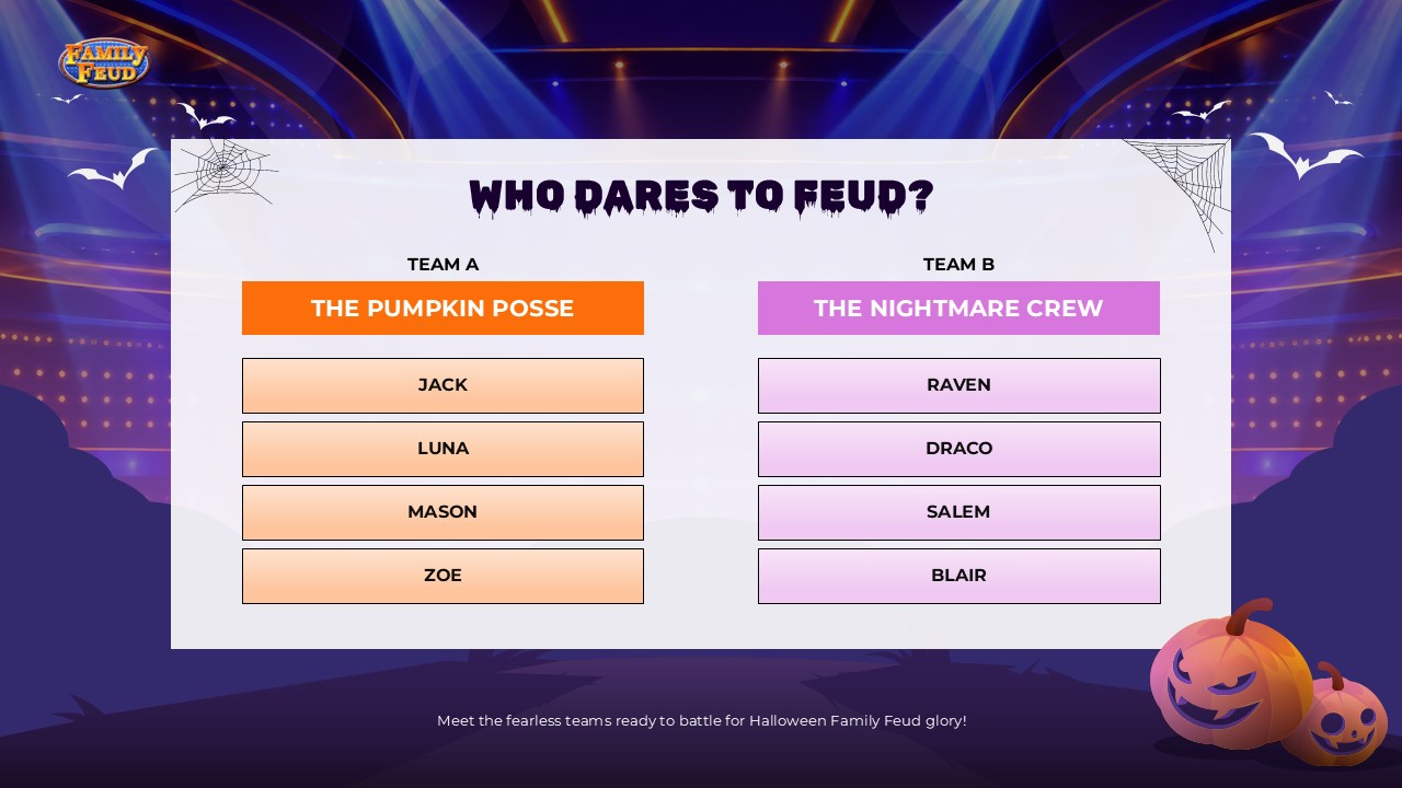 Halloween Family Feud Team Roster - two-column slide showing Team A and Team B names with four player name boxes each
