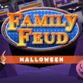 Halloween Family Feud Template - promotional cover with logo, jack-o'-lanterns, bats, and host figure on purple background