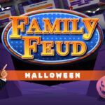 Halloween Family Feud Template - promotional cover with logo, jack-o'-lanterns, bats, and host figure on purple background