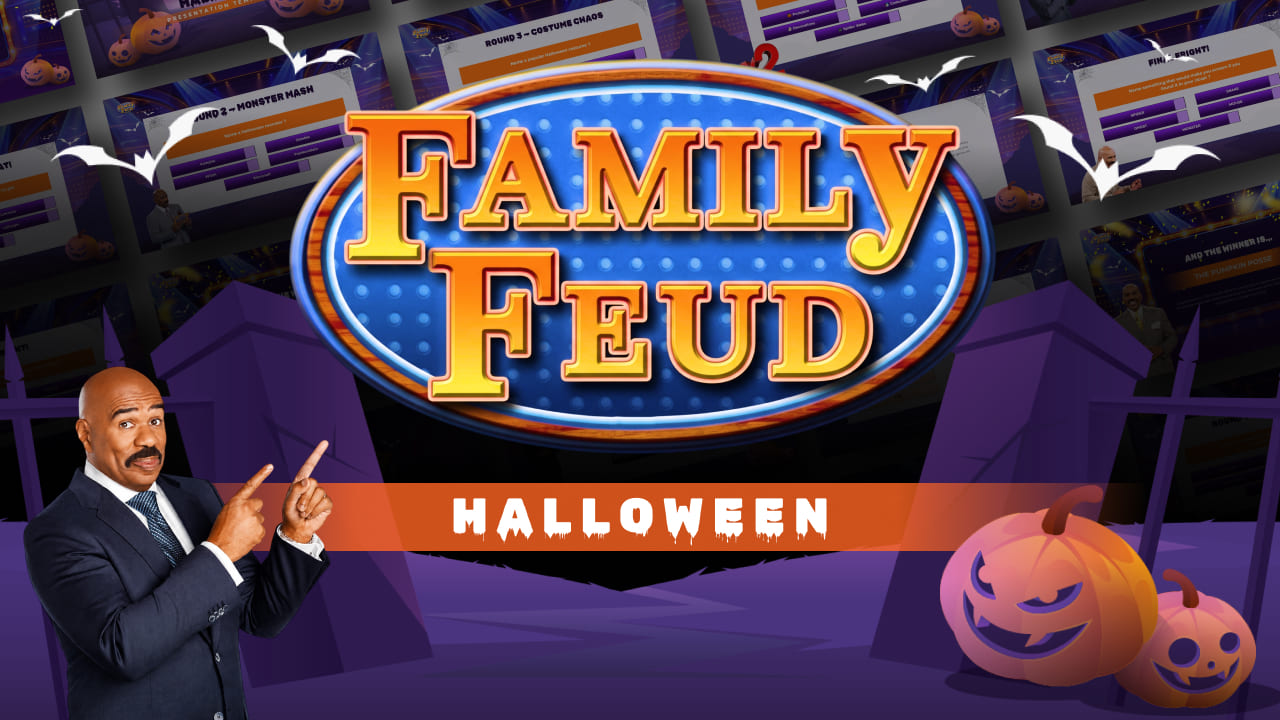 Halloween Family Feud Template - promotional cover with logo, jack-o'-lanterns, bats, and host figure on purple background