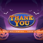 Halloween Family Feud Thank You slide - closing screen with Family Feud-style badge, graveyard scene, jack-o'-lanterns, and bats