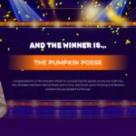 Halloween Family Feud Winner Announcement - glowing marquee board, confetti, winner name banner, and host in pinstripe suit