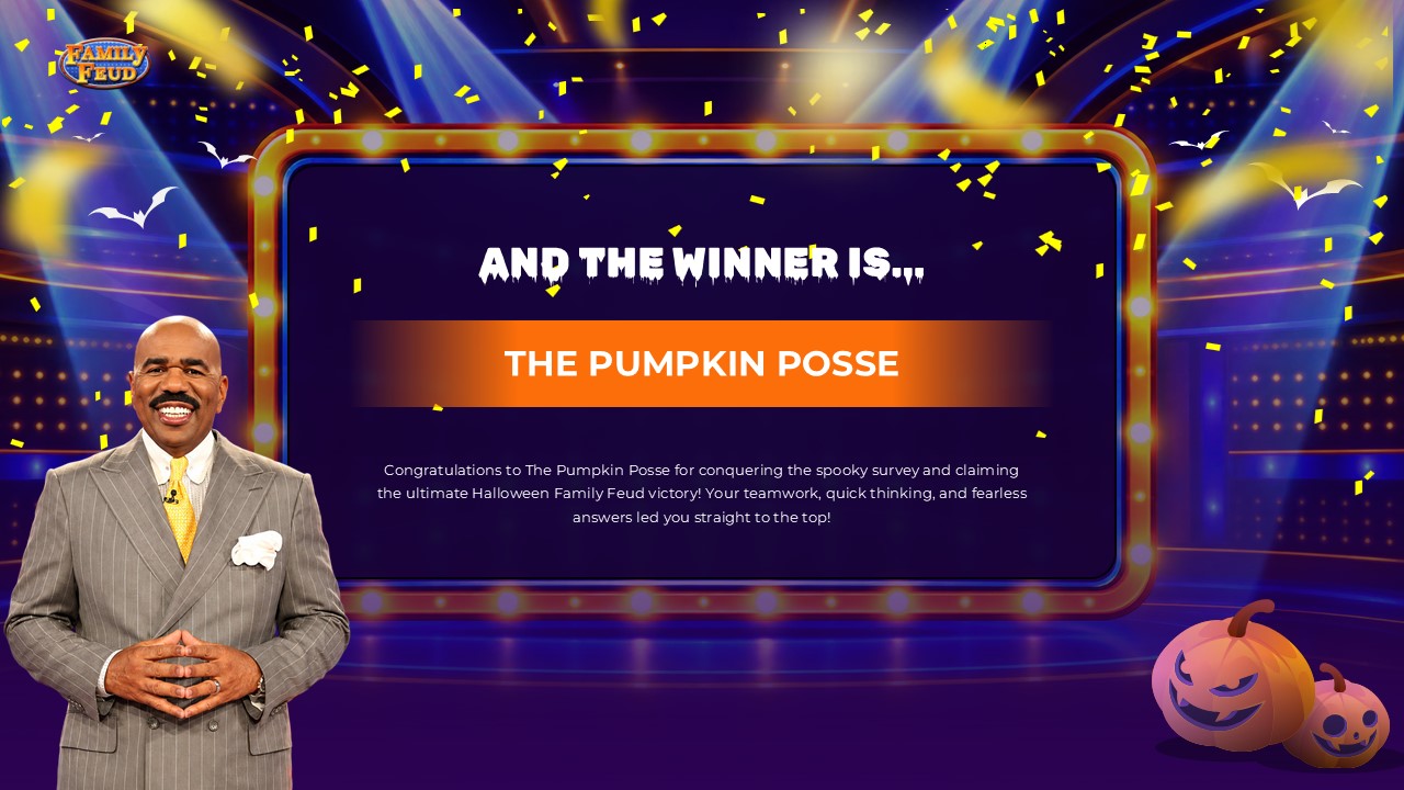 Halloween Family Feud Winner Announcement - glowing marquee board, confetti, winner name banner, and host in pinstripe suit