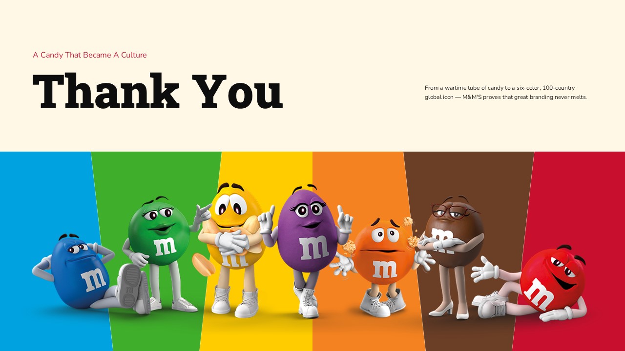 M&M Template - Thank you slide to close brand presentations with a memorable character lineup