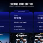 Madden NFL 27 Editions Pricing Comparison Template - Three-tier pricing cards with box art on dark navy background