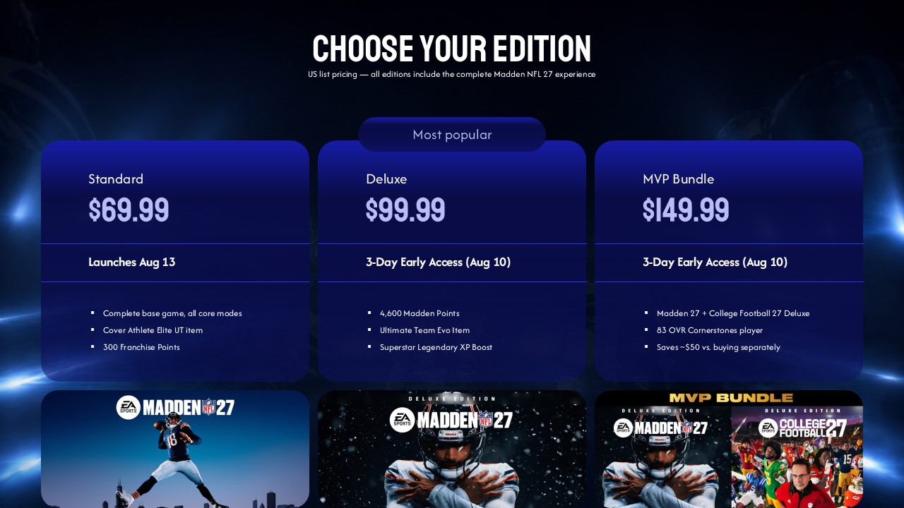 Madden NFL 27 Editions Pricing Comparison Template - Three-tier pricing cards with box art on dark navy background