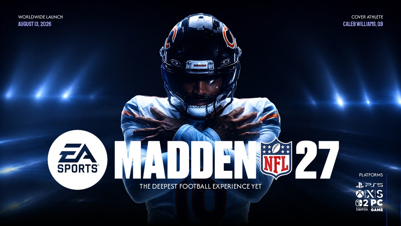 Madden NFL 27 Google Slides PowerPoint Template - Dark cinematic cover with stadium lighting and branding elements