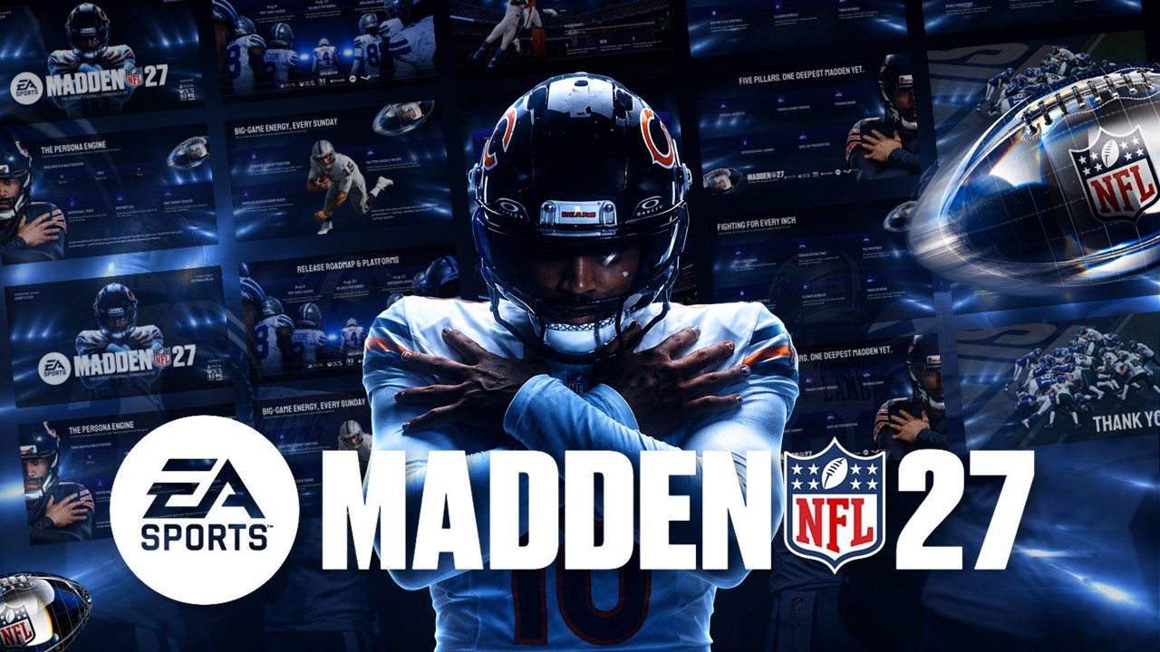 Madden NFL 27 Game Template - Cinematic cover slide with athlete, release date, and platform icons on dark navy
