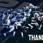 Madden NFL 27 Thank You Template - Aerial goal-line pile-up screenshot with bold white closing text