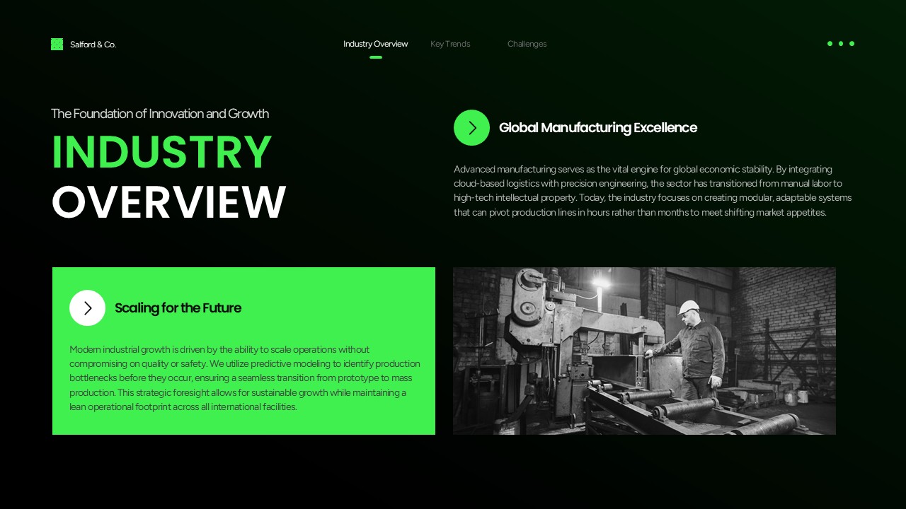Manufacturing Industry Template - Industry overview slide to establish global manufacturing context and growth strategies