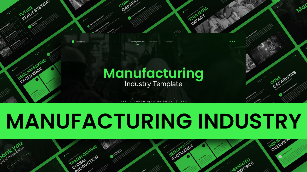 Manufacturing Industry Template - 11-slide dark-themed PowerPoint and Google Slides deck for industrial presentations