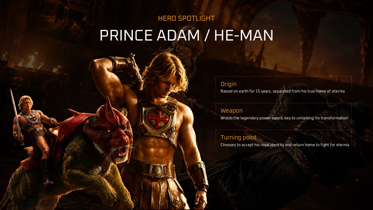 Masters of the Universe 2026 Template - Cast roster slide to showcase your ensemble with portraits and names