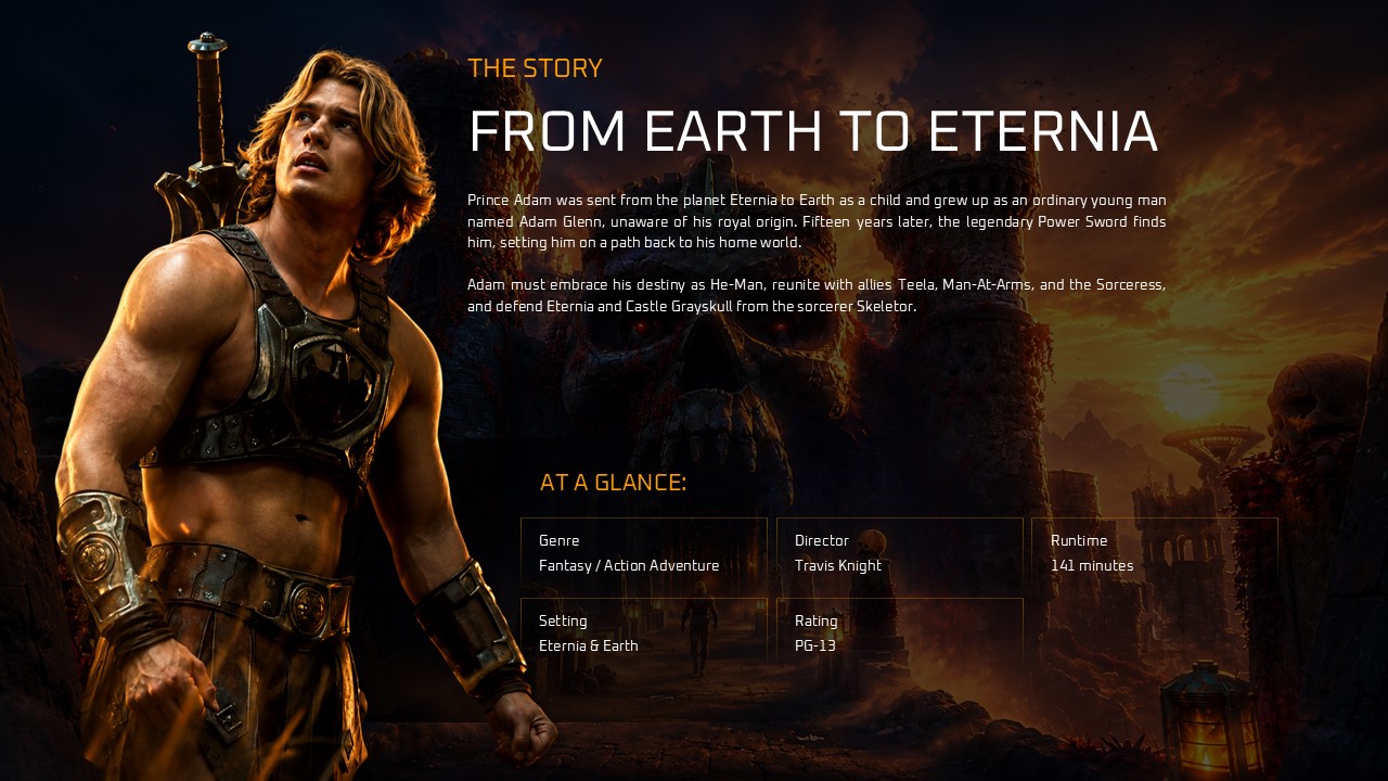 Masters of the Universe 2026 Template - Character profile slide to spotlight your hero's origin and attributes