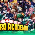 My Hero Academia Google Slides Template - ensemble cast cover with franchise logo and tagline on green energy background
