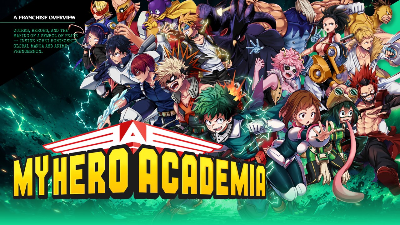My Hero Academia Google Slides Template - ensemble cast cover with franchise logo and tagline on green energy background