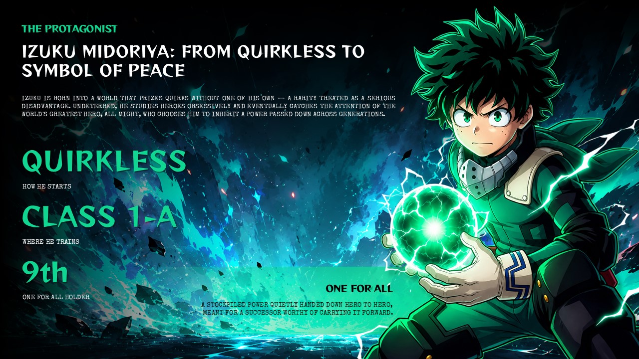 My Hero Academia Cast Slide - three vertical character cards for Bakugo, All Might, and Todoroki with role labels