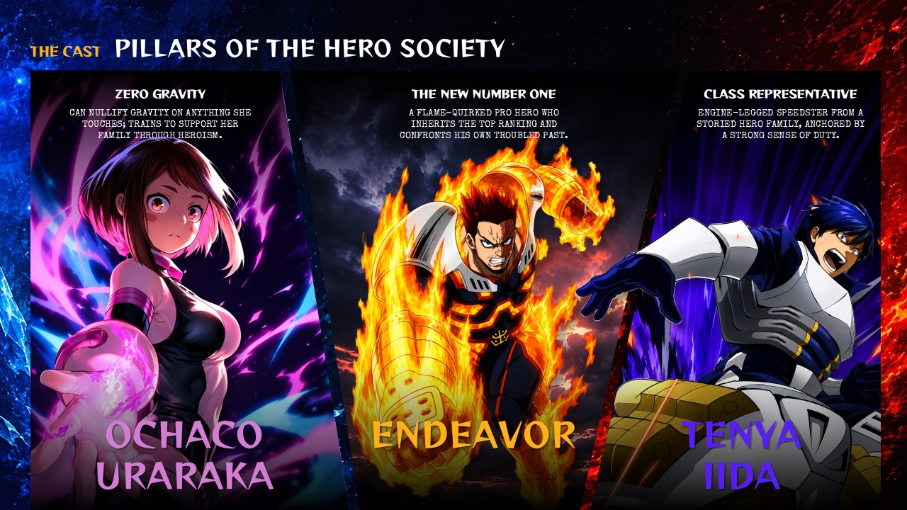 My Hero Academia Villain Slide - League of Villains overview with All For One and Shigaraki profiles on dark red background