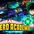 My Hero Academia Template - cinematic cover slide with Deku character art, franchise logo, and teal lightning effects