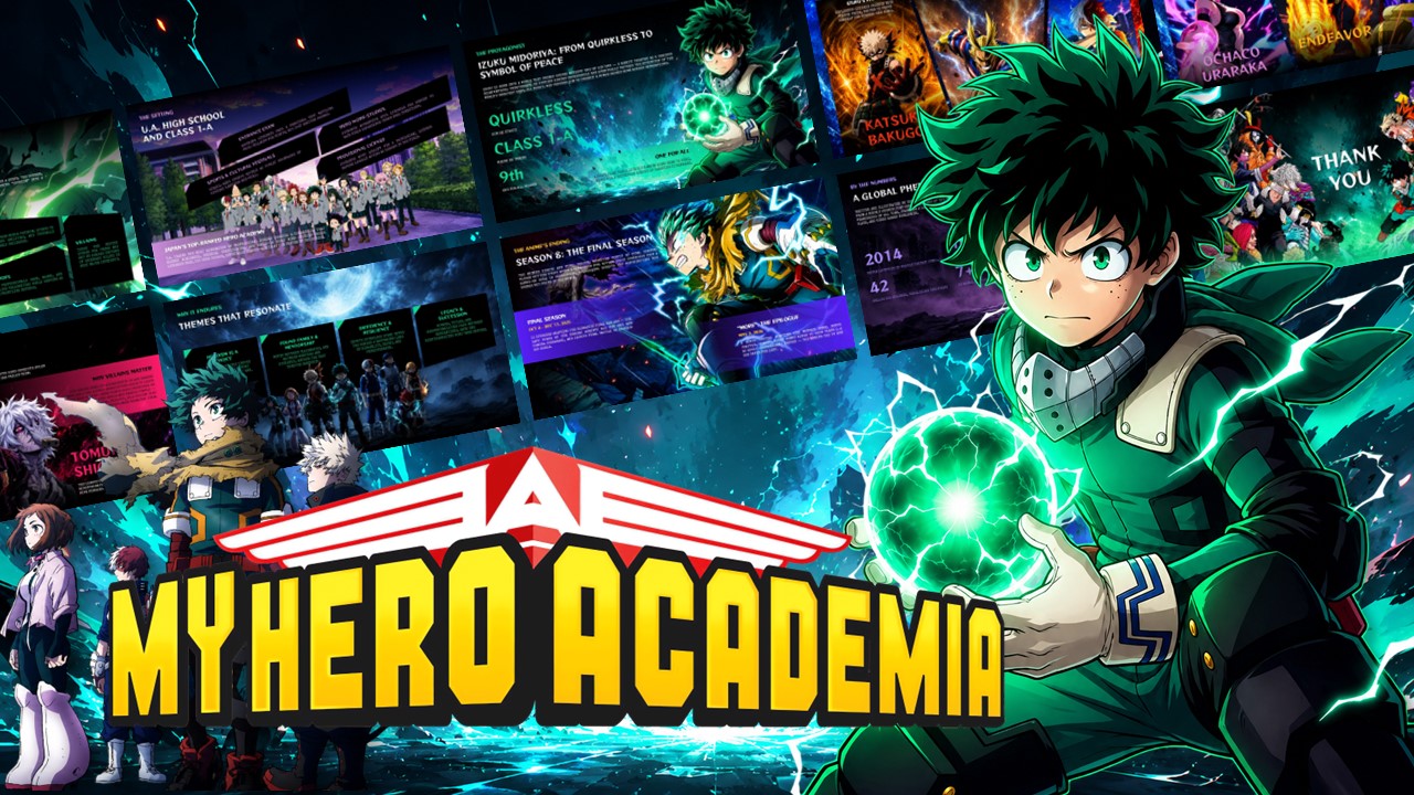 My Hero Academia Template - cinematic cover slide with Deku character art, franchise logo, and teal lightning effects