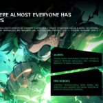 My Hero Academia World Premise Slide - 80% quirk stat, two info cards, and Deku action art on dark teal background