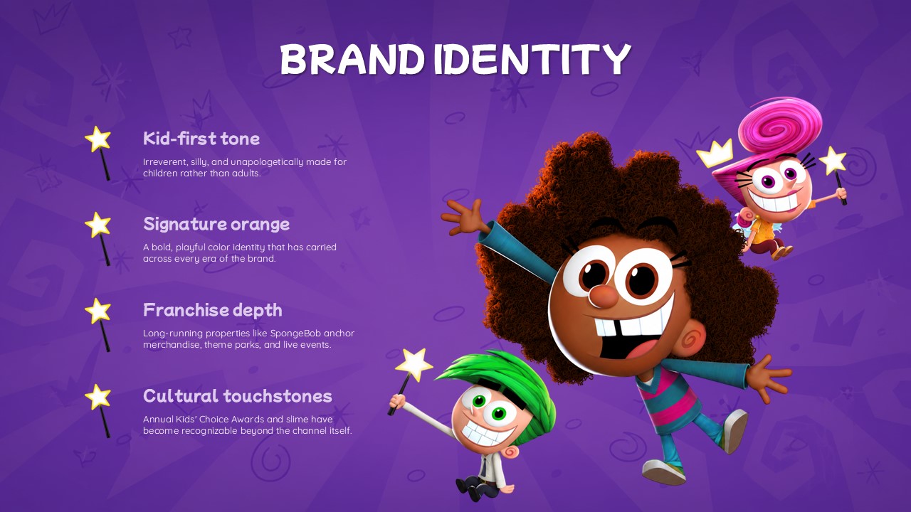 Nickelodeon Brand Identity Template - four gold-star-icon pillars list on deep purple slide with Fairly OddParents 3D characters