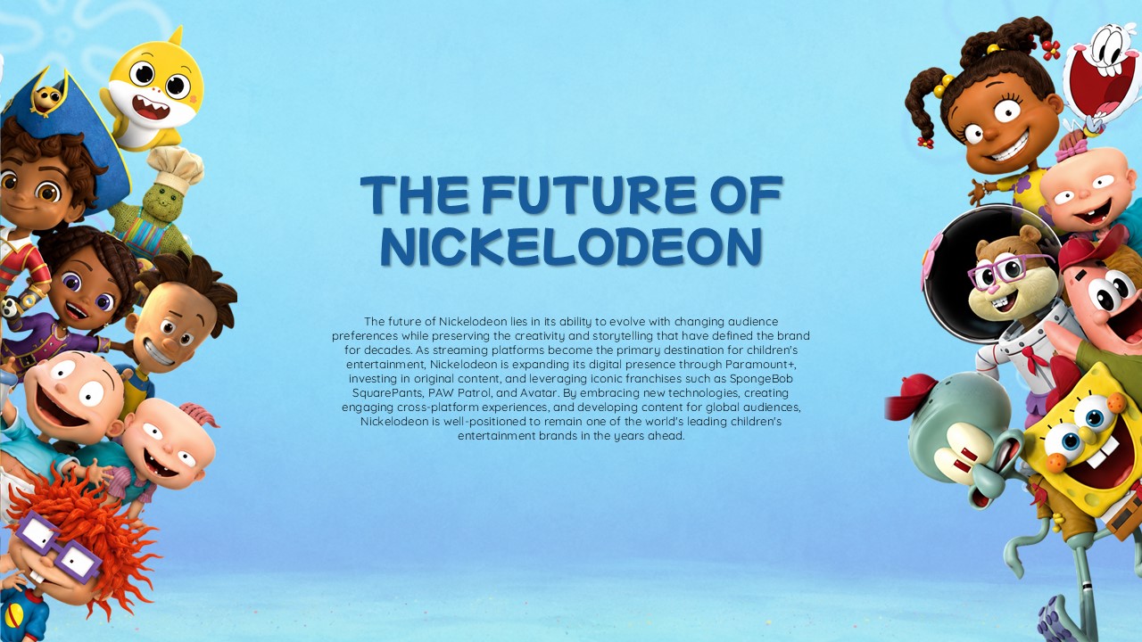 Nickelodeon Future Strategy Template - centered conclusion text block on sky blue background framed by 3D character illustrations