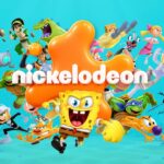 Nickelodeon Google Slides Template - teal underwater scene with full character ensemble surrounding central orange splat logo