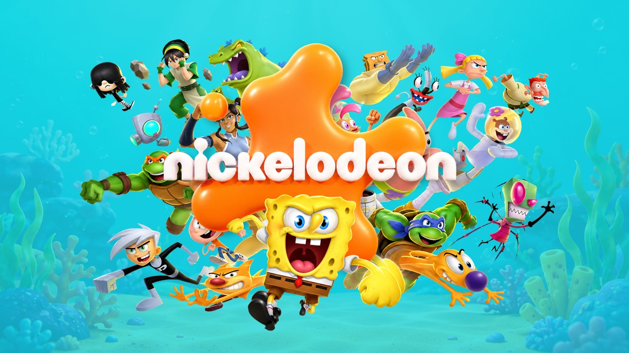 Nickelodeon Google Slides Template - teal underwater scene with full character ensemble surrounding central orange splat logo