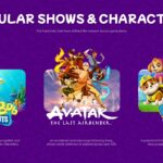 Nickelodeon Popular Shows Template - three-column franchise grid with SpongeBob, Avatar, and PAW Patrol art on dark purple background