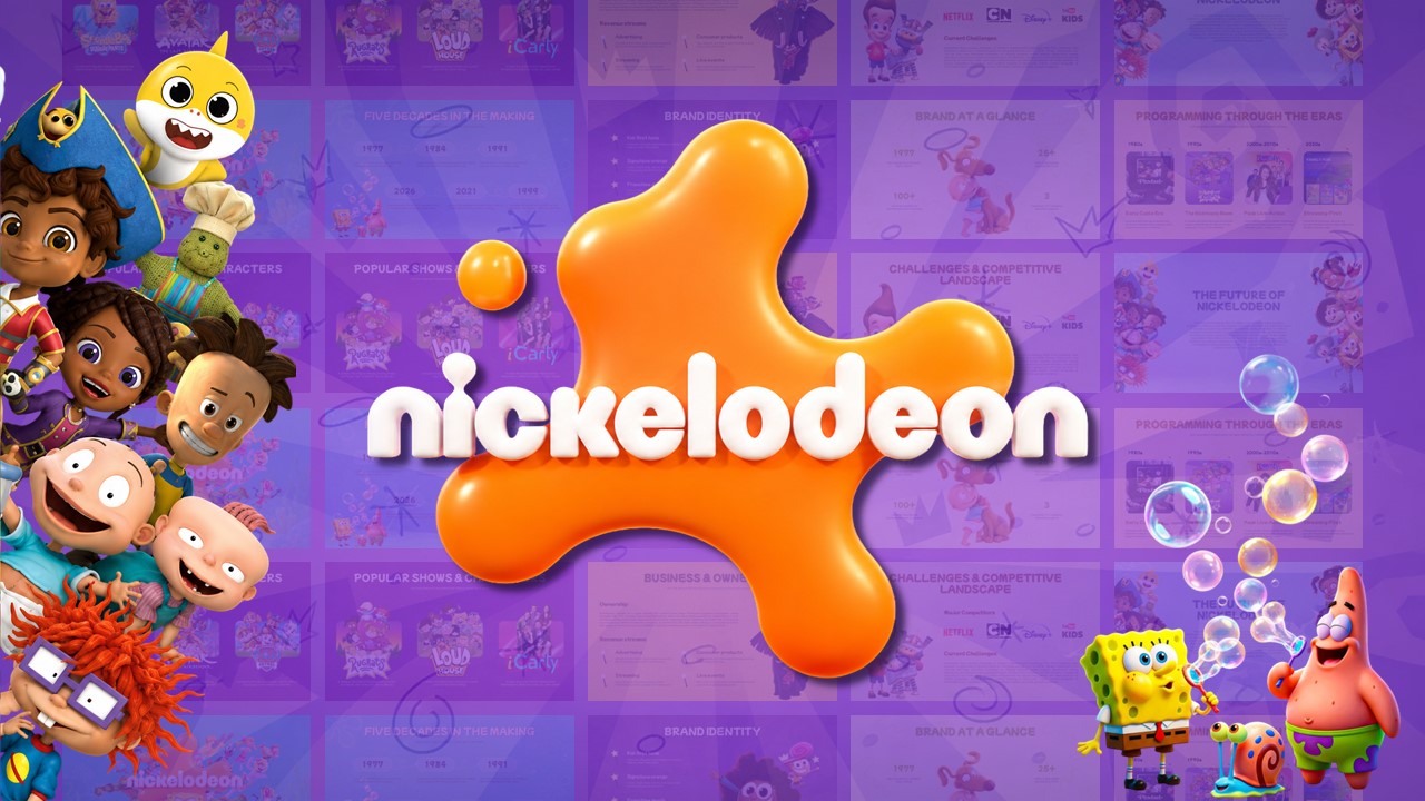 Nickelodeon Template - purple cover slide with orange splat logo and 3D character illustrations on both sides