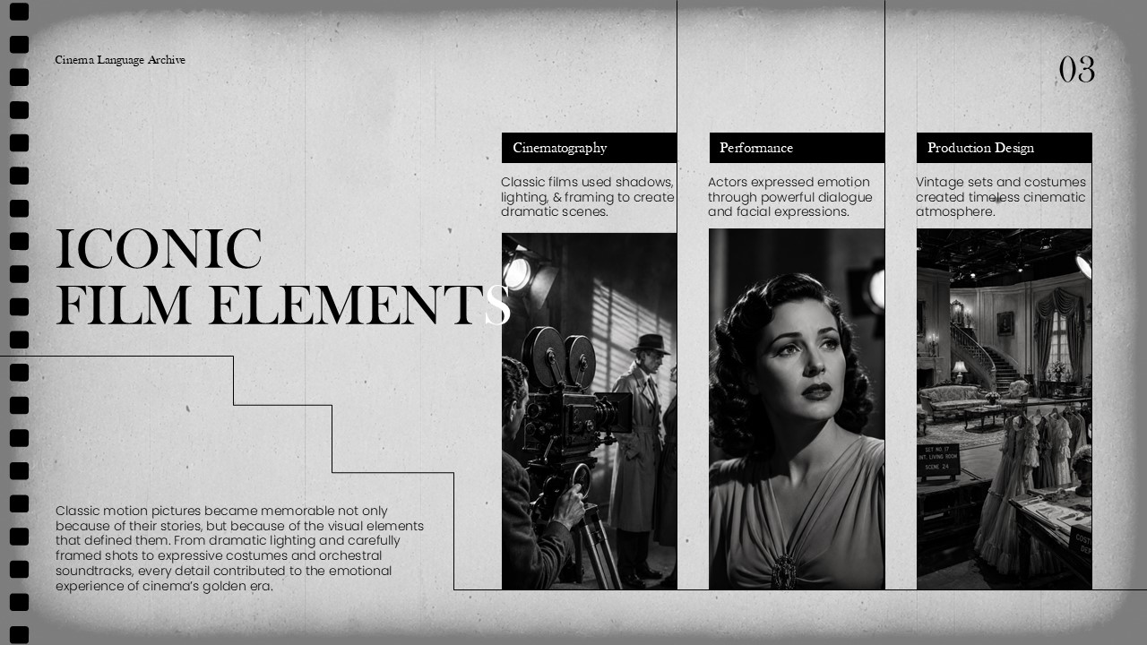 Old Movie Intro Style Template - Iconic Film Elements three-column slide