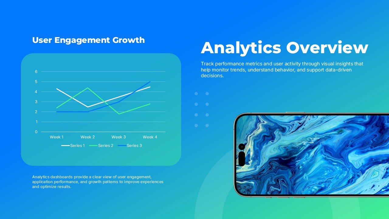 Phone Mockups Analytics Overview Slide - multi-series line chart card beside a landscape phone mockup on teal gradient