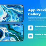 Phone Mockups App Preview Gallery Slide - two stacked horizontal phone mockups beside feature highlights on gradient