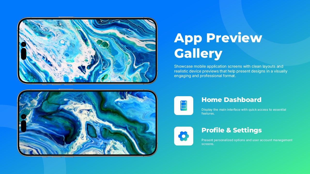 Phone Mockups App Preview Gallery Slide - two stacked horizontal phone mockups beside feature highlights on gradient
